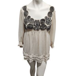 Ice Y2K Babydoll Top Womens SZ XL Babydoll 3D Rosettes Sheer Cream Layered VTG